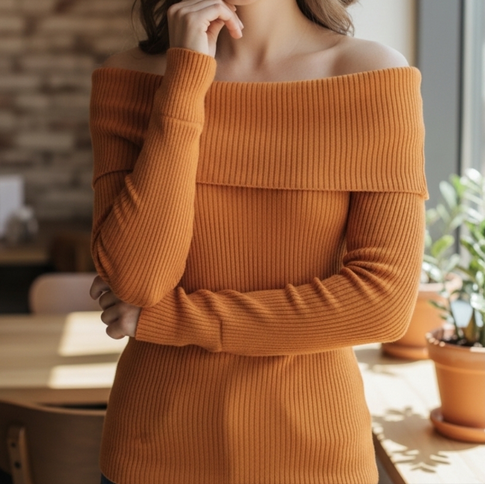 Off-Shoulder Orange Sweater